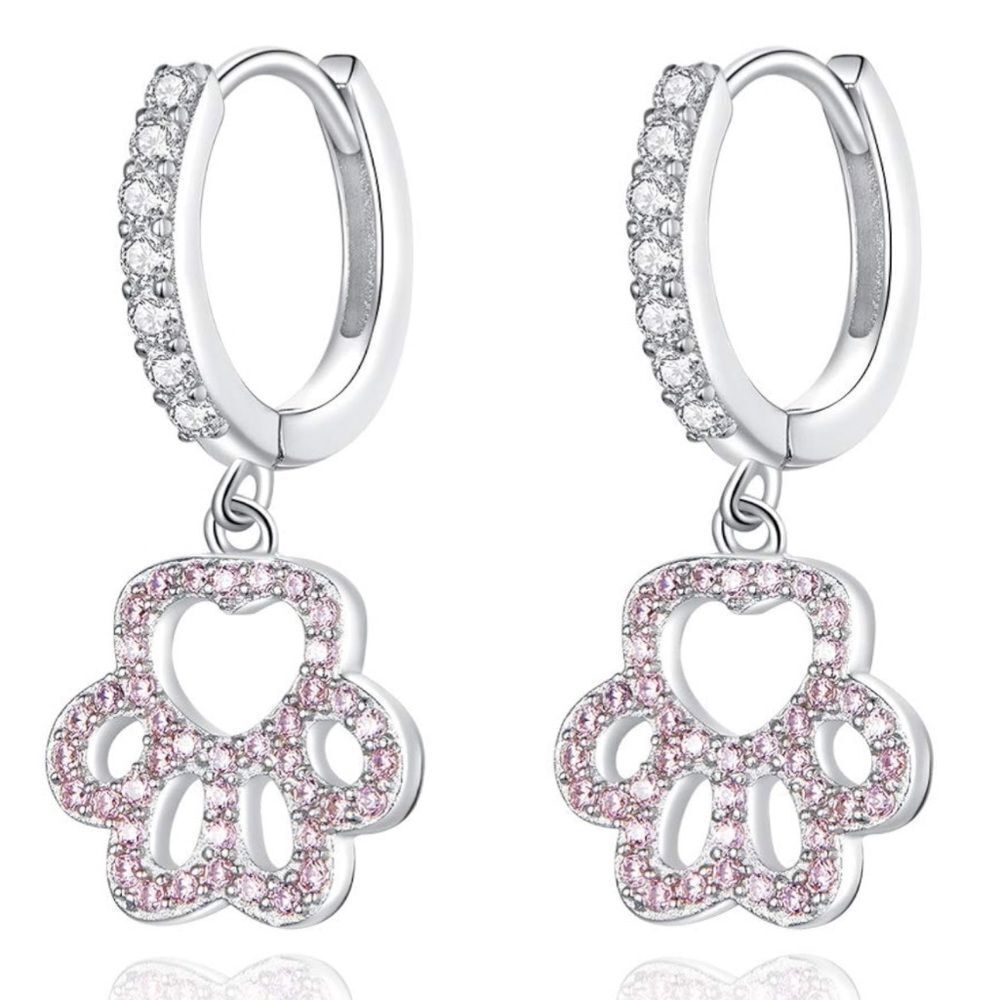 925 Sterling Silver with Pink Sapphire and Diamond Paw Print Huggie Earrings